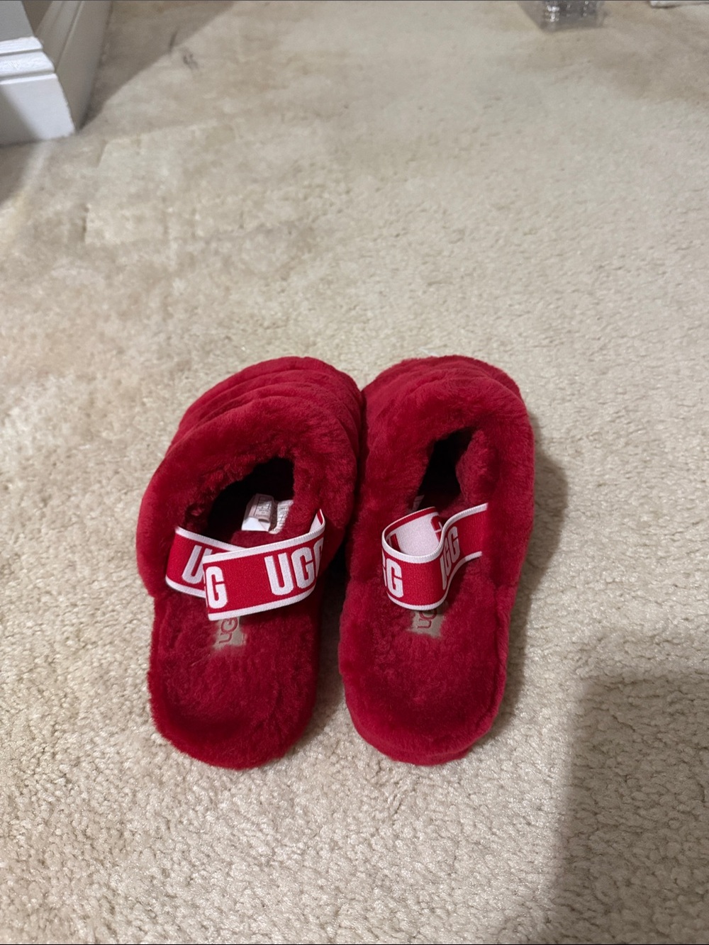 UGG Fluff Yeah Slide Slippers in “Ribbon Red”